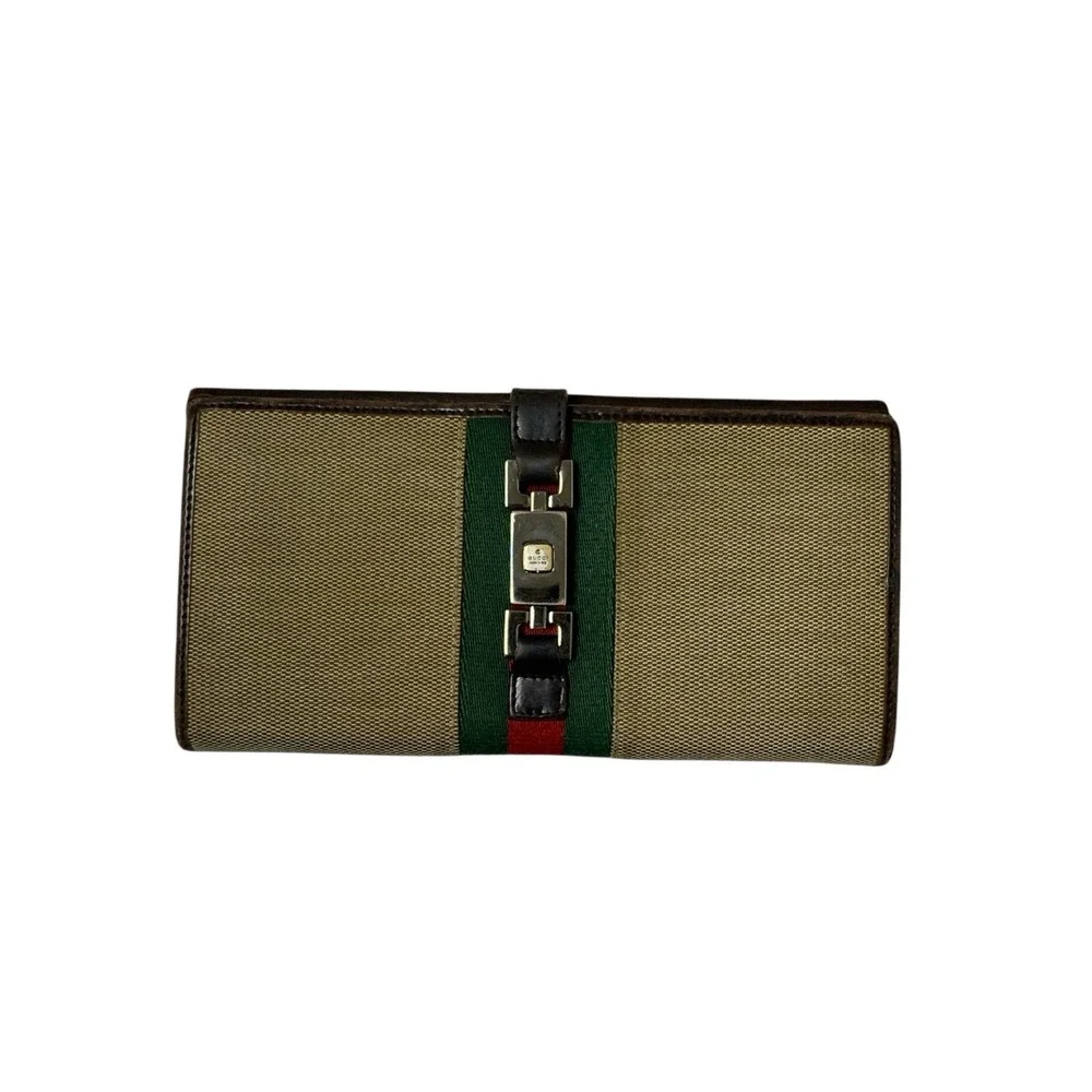 Gucci Jackie Continental Long Wallet Brown Leather & Canvas with Silver Hardware - Picture 1 of 12